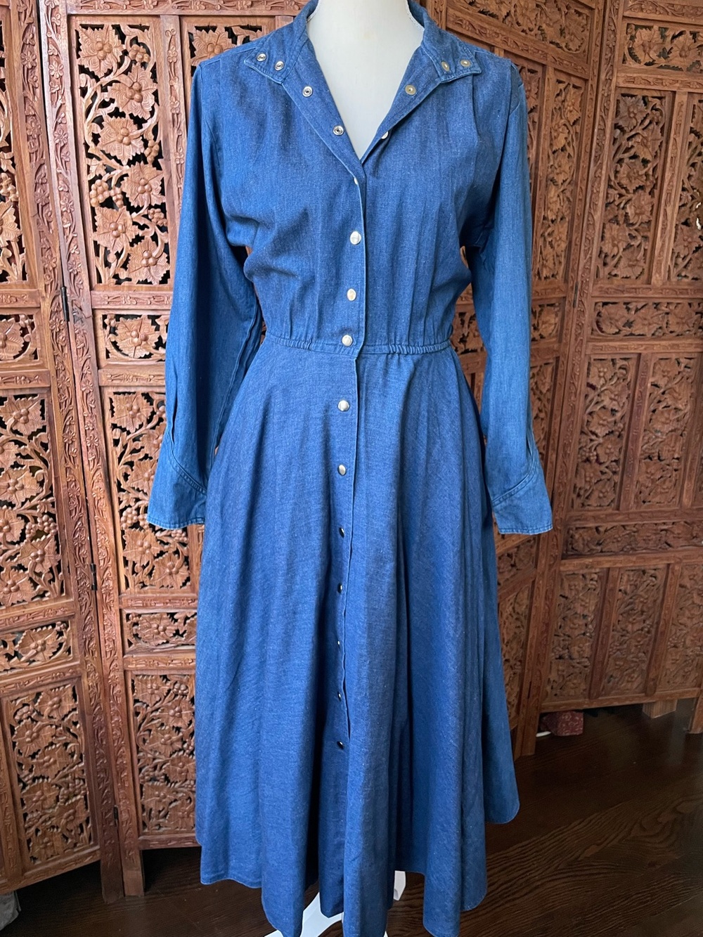 American Vintage Western Denim Jean Button-Front Midi Maxi Dress - Picture 14 of 16